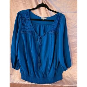 Reese Blue Embroidered Floral Lace Tassel Tie Peasant Blouse Top 2XL